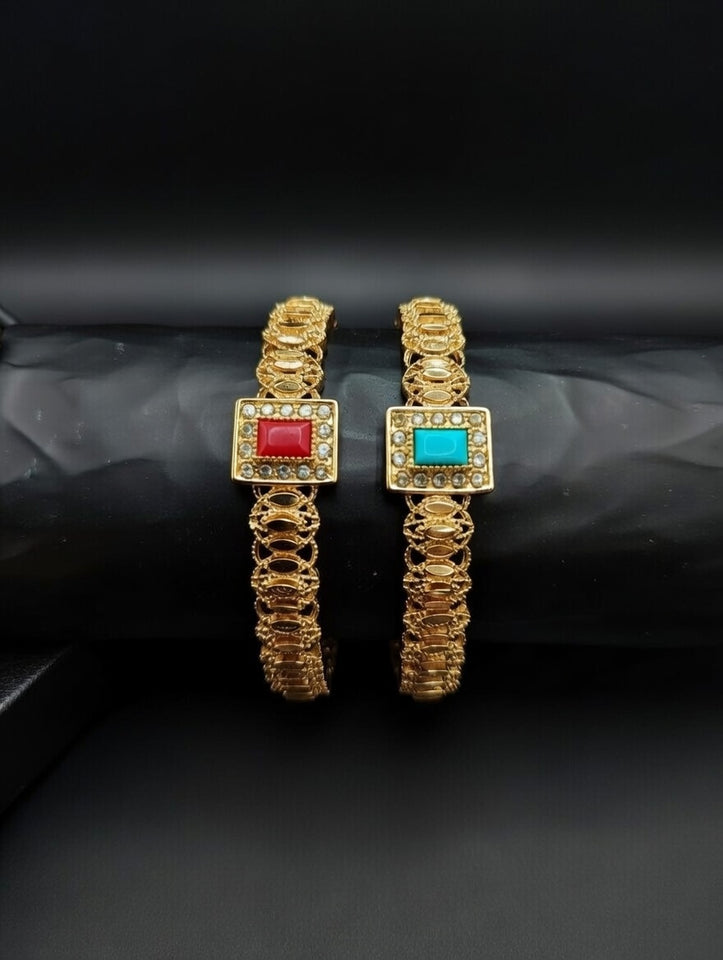 Luxury Gold 2 Kara Bangle Set with Stone Detail