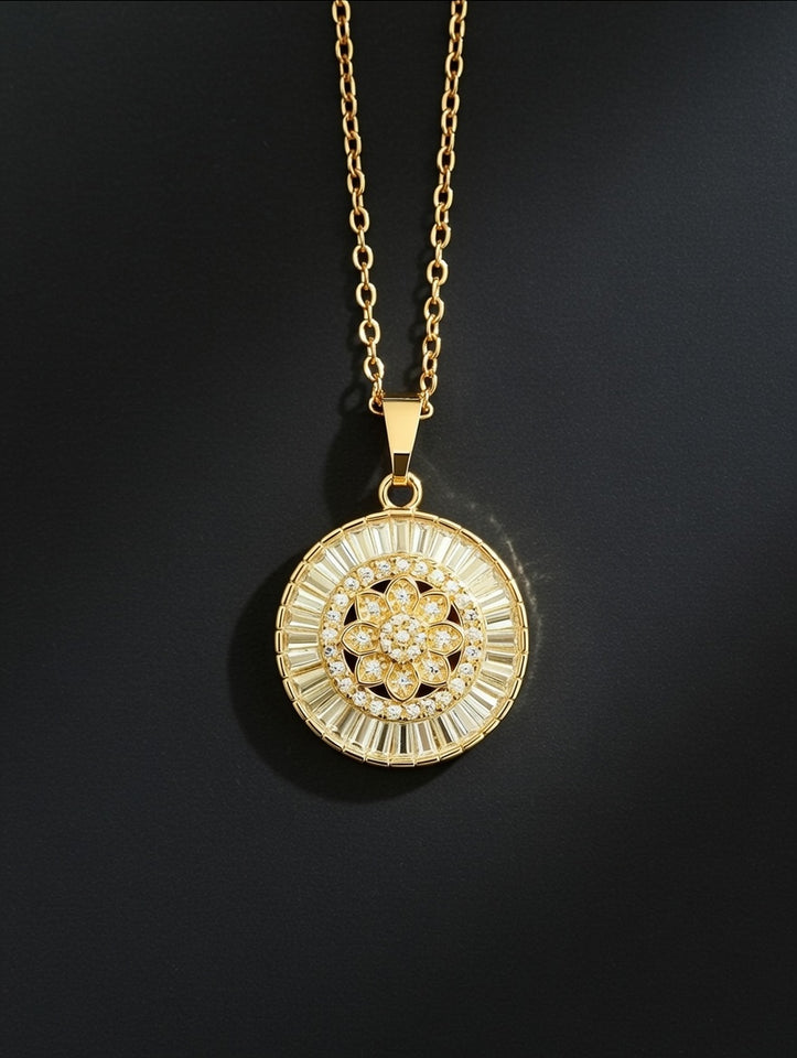 Elegant Gold-Plated Round Pendant Necklace with Crystal Floral Design
